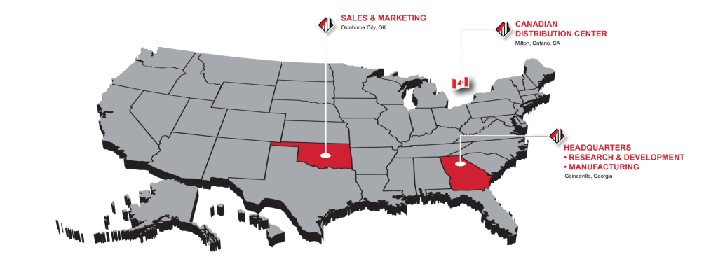 Tower Sealants locations: headquarters in Gainesville GA, Sales and Marketing in Oklahoma City OK, and Canadian Distribution Center in Milton Ontario